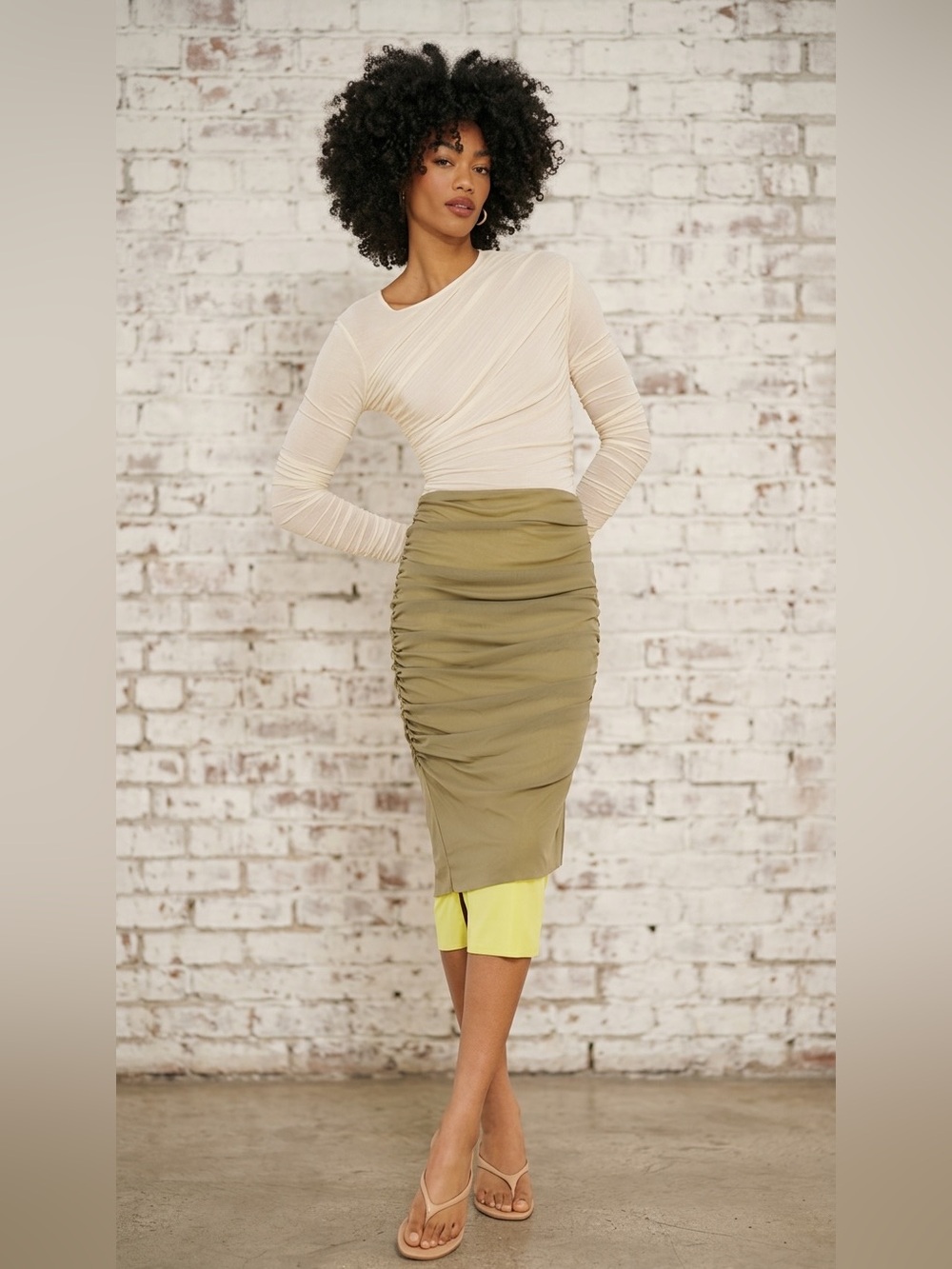 Free People Olive Ruched Midi Pencil Skirt